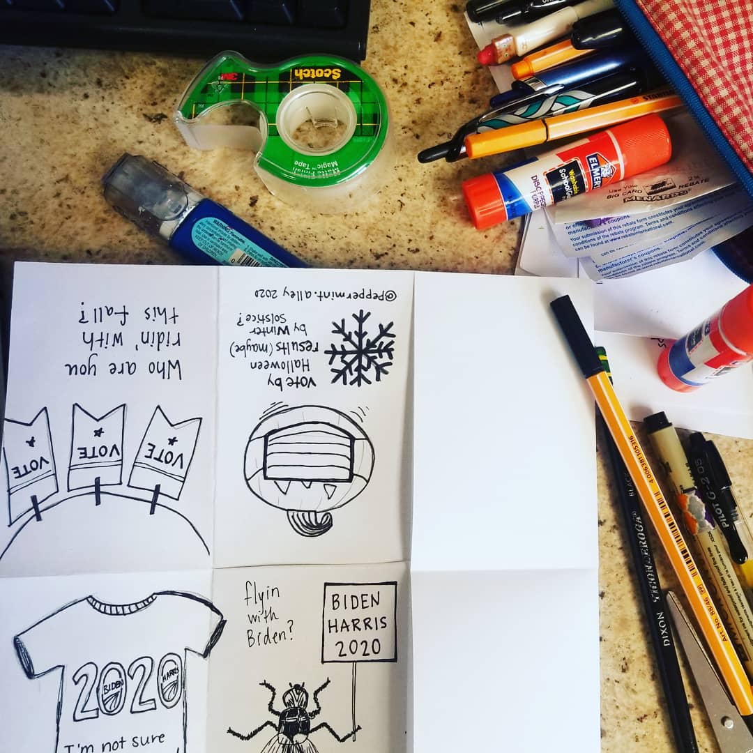 working on a zine starring a fly, not counting the days until the election. No, totally not doing that. #zines #election2020 #peppermintalleypress